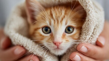 Adorable Ginger Kitten Wrapped in a Cozy Blanket Held by Hands