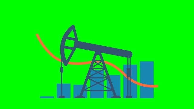 Oil rig on the background of graphs and charts. Falling price. Pumpjack on oil price chart. Land crude oil drilling rig, derrick, pump jack. Price per barrel. 2d flat animation. Alpha channel