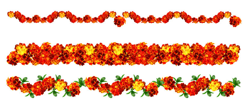 isolated Seamless garlands of flowers. Set .Marigold Diwali. Indian flower door garland of leaves and marigold flowers. marriage, festivals traditional.