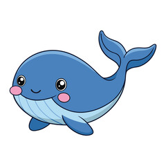 Cute blue whale with pink cheeks on white background