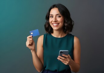 Woman Smiling Holding Credit Card and Phone, Online Payment Convenience, Happy Woman Banking Digitally
