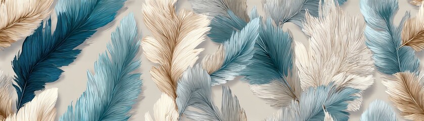 Seamless Soft feathers in soothing colors, white isolate background.