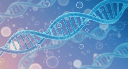 A striking artistic depiction of a double helix DNA structure, rendered in shades of blue, with floating bubbles against a gradient background