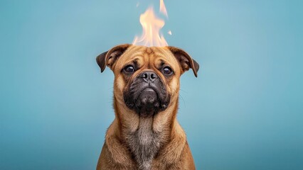 Fototapeta premium Pet Cremation. Brown pug dog with fire flame on head isolated on blue 