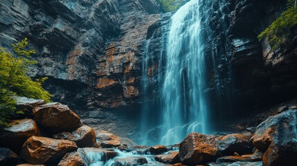 Majestic Waterfall Cascading Down Rocky Cliff Face, Nature's Beauty, Serene Landscape.
