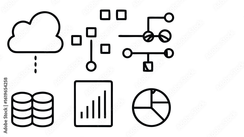 Poster hand drawn icons representing cloud computing data storage and analytics