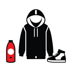 Black hoodie red bottle and sneaker icons vector