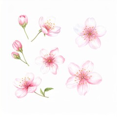 Watercolor Pink Cherry Blossoms Isolated on White Background Spring Floral Design