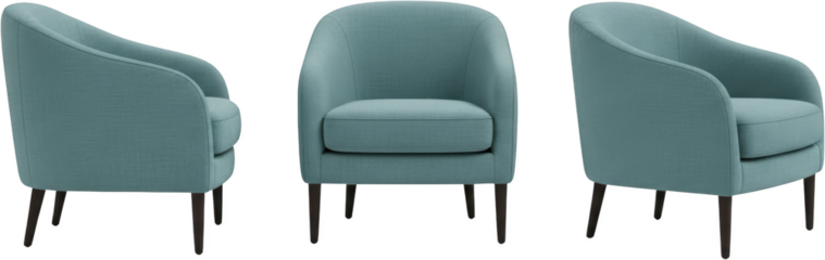 Three views of a blue upholstered armchair with dark wooden legs isolate