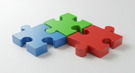 Fototapeta premium Three colorful puzzle pieces, blue, green, and red, interlocked, lie on a white surface
