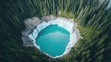 Emerald Lake Sinkhole: Aerial View of Turquoise Water Surrounded by Forest and Ice