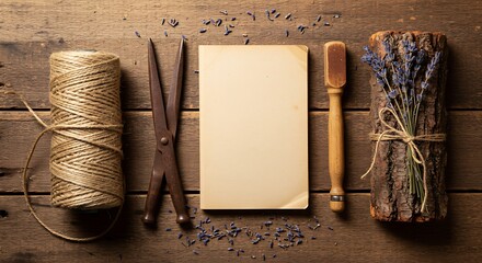 Rustic Still Life with Twine, Scissors, Notepad, and Lavender, A Serene Composition of Vintage Tools and Botanical Elements on a Wooden Background