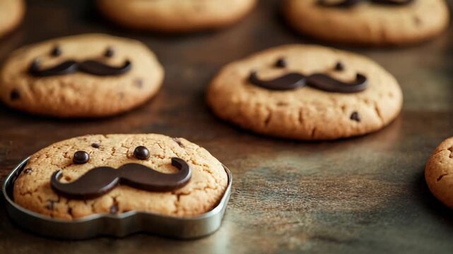 Smiling cookies with chocolate mustaches and eyes on brown background