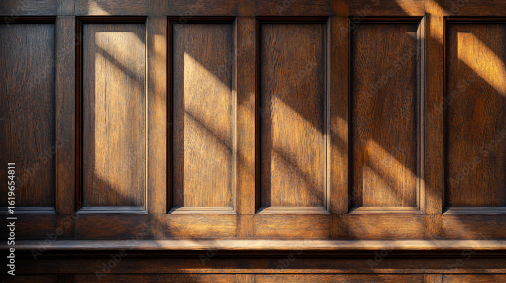 Poster a rustic wooden bench bathed in natural light streaming through the window creating serenity