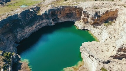 Emerald Lake in a Sun-Drenched Canyon: Aerial View of a Striking Natural Formation with Turquoise Water and Rugged Cliffs.