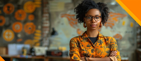 Confident woman poses in creative studio with world map backdrop