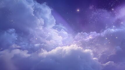 Obraz premium Whimsical night sky panorama with glowing cloud and starlight beams, dark blue-purple gradient 3D background for presentations, wallpapers, fantasy themes