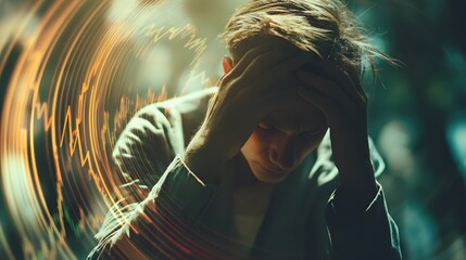 Man holds head in distress with swirling sound waves overlay