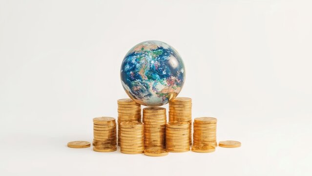 Wealth Mindset. Globe on stacked golden coins representing global fina