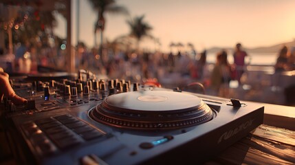 DJ turntable equipment set up outdoors at sunset with people in background