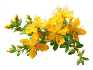 Bright yellow flowers with green leaves on a branch