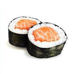 Two salmon sushi rolls, cut in half, displayed on a white background