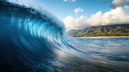 Majestic Ocean Wave Cresting Near Tropical Shoreline Under Cloudy Sky
