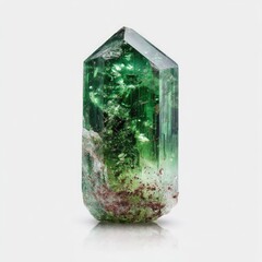 Emerald-green crystal, faceted, inclusions