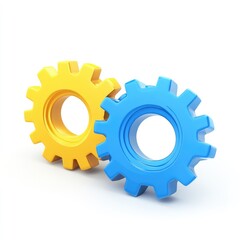 Two colorful gears, yellow and blue, interlock, against white