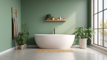 White freestanding bathtub in a green bathroom with plants