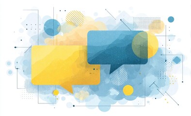 Abstract graphic design with overlapping speech bubbles in muted yellow and blue, set against a backdrop of geometric shapes and cloud-like elements