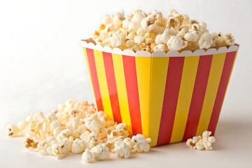 A striped container overflowing with popcorn and some popcorn scattered on a white surface nearby