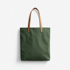 Olive green tote bag with tan leather handles