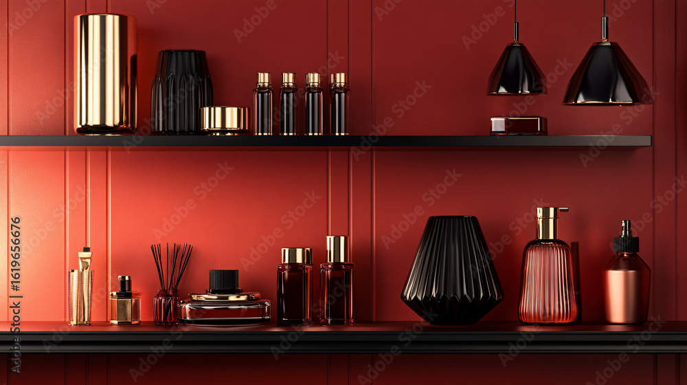 Poster stylish shelf overflowing with beautiful vases and candles creating a charming home decor display