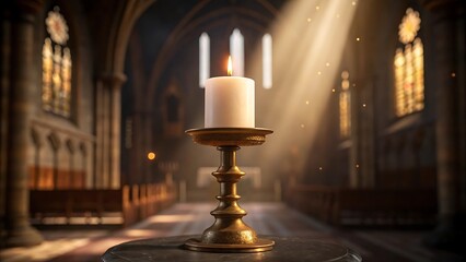 Fototapeta premium Candlelight Illuminating a Serene Church Interior with Sunlight and Stained Glass Windows creating a Spiritual Ambiance
