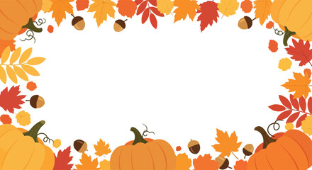 Seasonal autumn frame background, flat vector illustration with orange leaves, acorns, and pumpkins around the border, white center for text