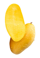 Single ripe yellow mango fruit and a half with water droplets in stack isolated with clipping path in png file format