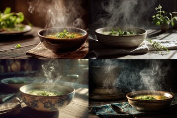Four bowls of steaming, herb-topped soup on cloth & wood backgrounds in warm lighting