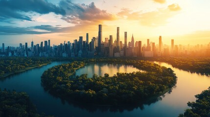 Majestic Cityscape at Sunset: Skyscrapers, Lush Park, Serene Lake, Golden Hour.