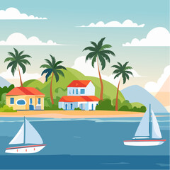 Obraz premium Tropical Island cityscape with caribbean small town, palms, green trees, yachts and blue sea