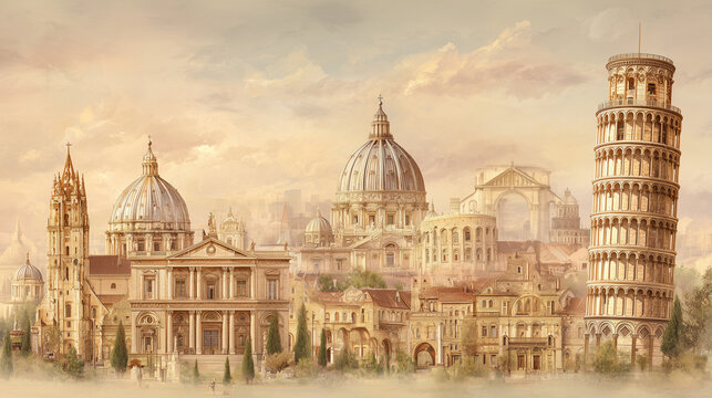 Illustration. A collage of famous Italian pilgrimage sites: St. Peter's Basilica, the Colosseum, the Leaning Tower of Pisa, the Basilica of St. Francis of Assisi, and the Duomo of Milan. I love Italy