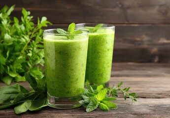 Two vibrant green smoothies in glasses, garnished with fresh mint, alongside fresh herbs on a rustic wooden table