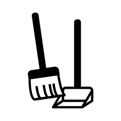 black and white vector illustration icon of broom and dustpan isolated on transparent background