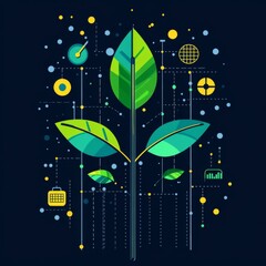 Geometric Green Leaf with Tech Elements on Dark Blue, Growth ,Technology