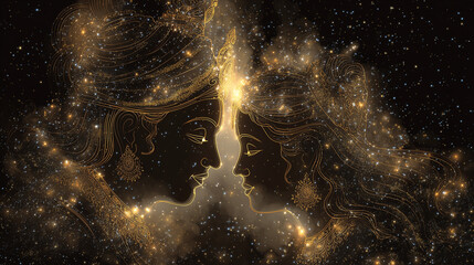 Radha Krishna, abstract glowing golden outline, cosmic background with stars and aura