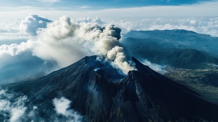Erupting Volcano: Aerial View of Majestic Smoke Plume and Dark Volcanic Landscape