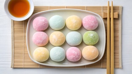 Colorful Mochi Ice Cream Dessert Plate with Tea and Chopsticks for Asian Inspired Sweet Treat
