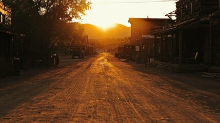 Obraz premium Dusty street in a western town at sunset. Golden light illuminates a dirt road that stretches into the distance, past old wooden buildings.