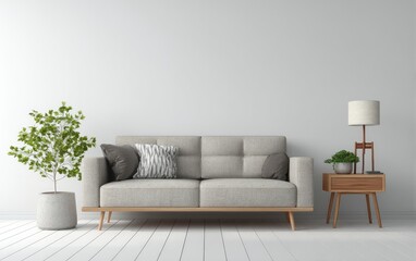 Minimalist living room with light gray couch and potted plant