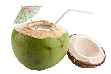 Fresh green coconut drink with paper umbrella and straw next to coconut half, isolated on a transparent background
